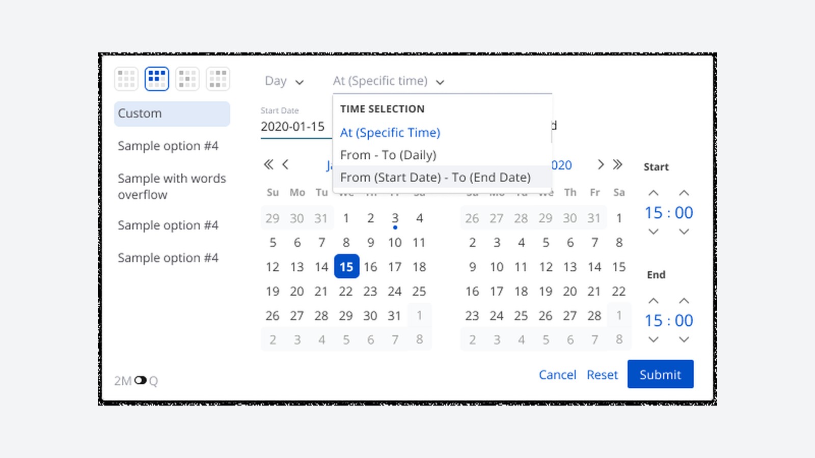 The date picker component: saved views, a granularity dropdown, a time-mode dropdown, a dual-month calendar and start and end time steppers
