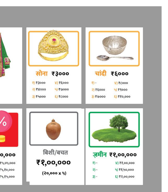Asset cards for gold and silver with numbered values at successive decision points