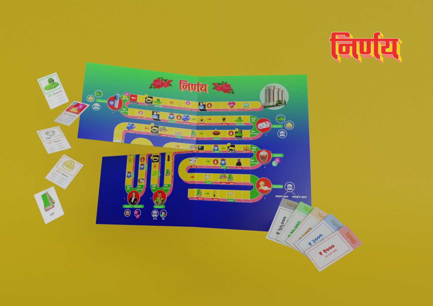The complete finished Nirnay game set: folded board, asset cards, currency and dice