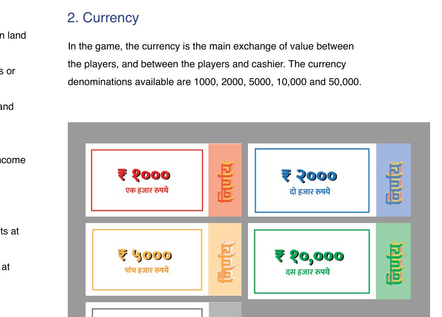 Specification of event tile types with icons, and the five currency denominations